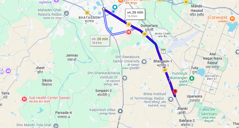 NAYA RAIPUR TO RDA COLONY 16.5KM